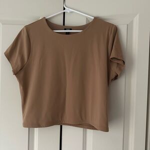 Express, khaki colored, body con crop short sleeve shirt